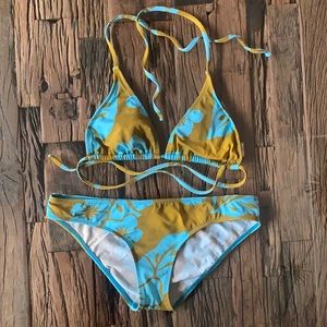 Women’s Floral Triangle Bikini Set in Mustard Yellow and Aqua